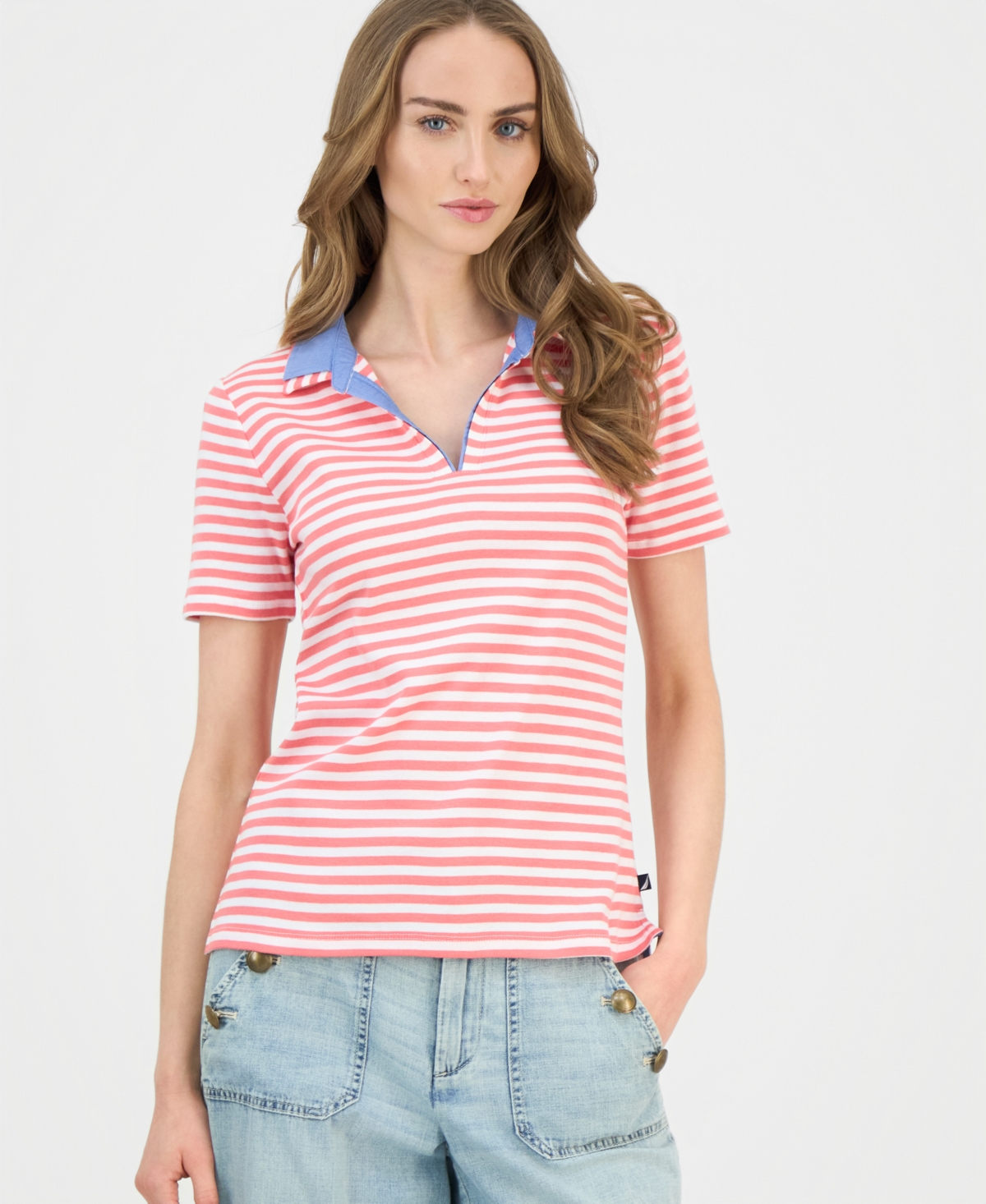 Nautica Jeans Women's Cotton Double-collar Polo T-shirt In Pink