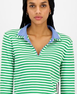 Women's Striped Double Collar Long Sleeve Cotton Shirt