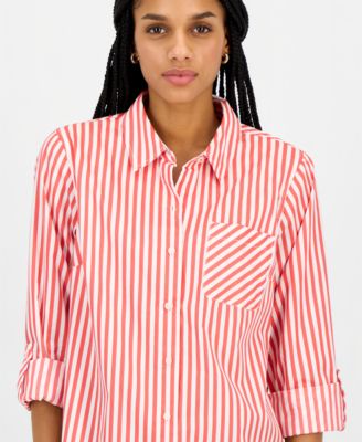 Women's Striped Roll-Tab-Sleeve Cotton Shirt 