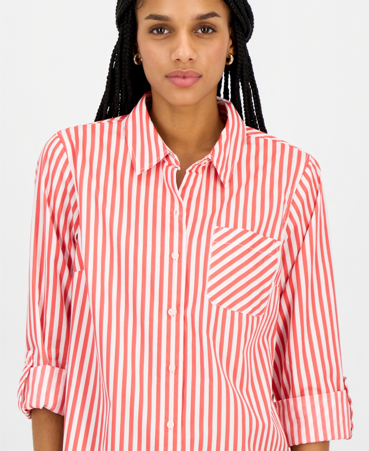 Nautica Jeans Women's Striped Roll-Tab-Sleeve Cotton Shirt