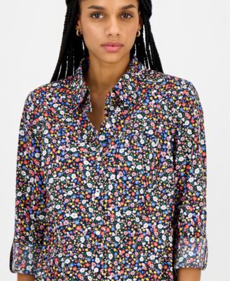 Women's Floral-Print Roll-Tab-Sleeve Cotton Shirt