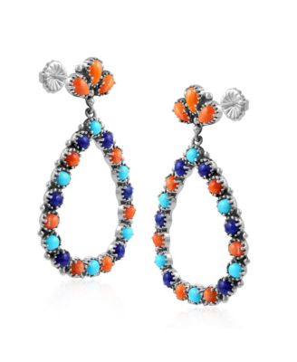 Sterling Silver Orange Spiny Oyster, Turquoise and Lapis Teardrop Post Back Earrings