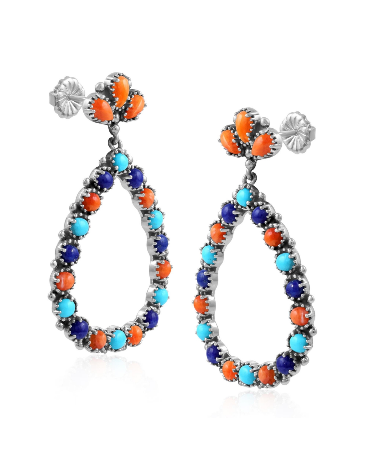 American West Jewelry Sterling Silver Orange Spiny Oyster, Turquoise and Lapis Teardrop Post Back Earrings