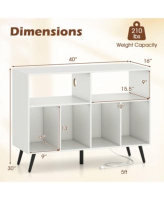 Large MDF Record Player Stand Cabinet with Built-In Power Outlet and Open Shelves