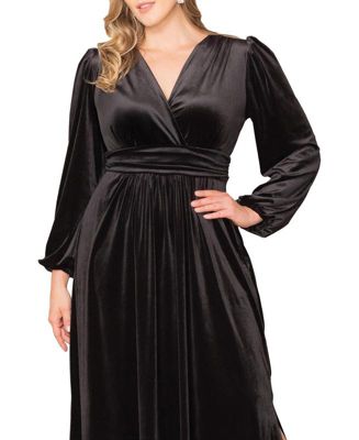 Plus Size Vivienne Long Sleeve Velvet Evening Gown with Pockets