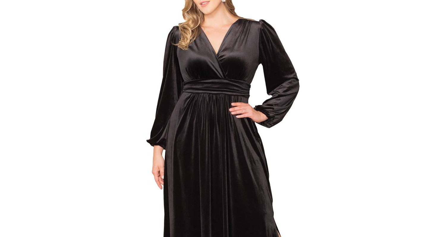 Plus Size Vivienne Long Sleeve Velvet Evening Gown with Pockets