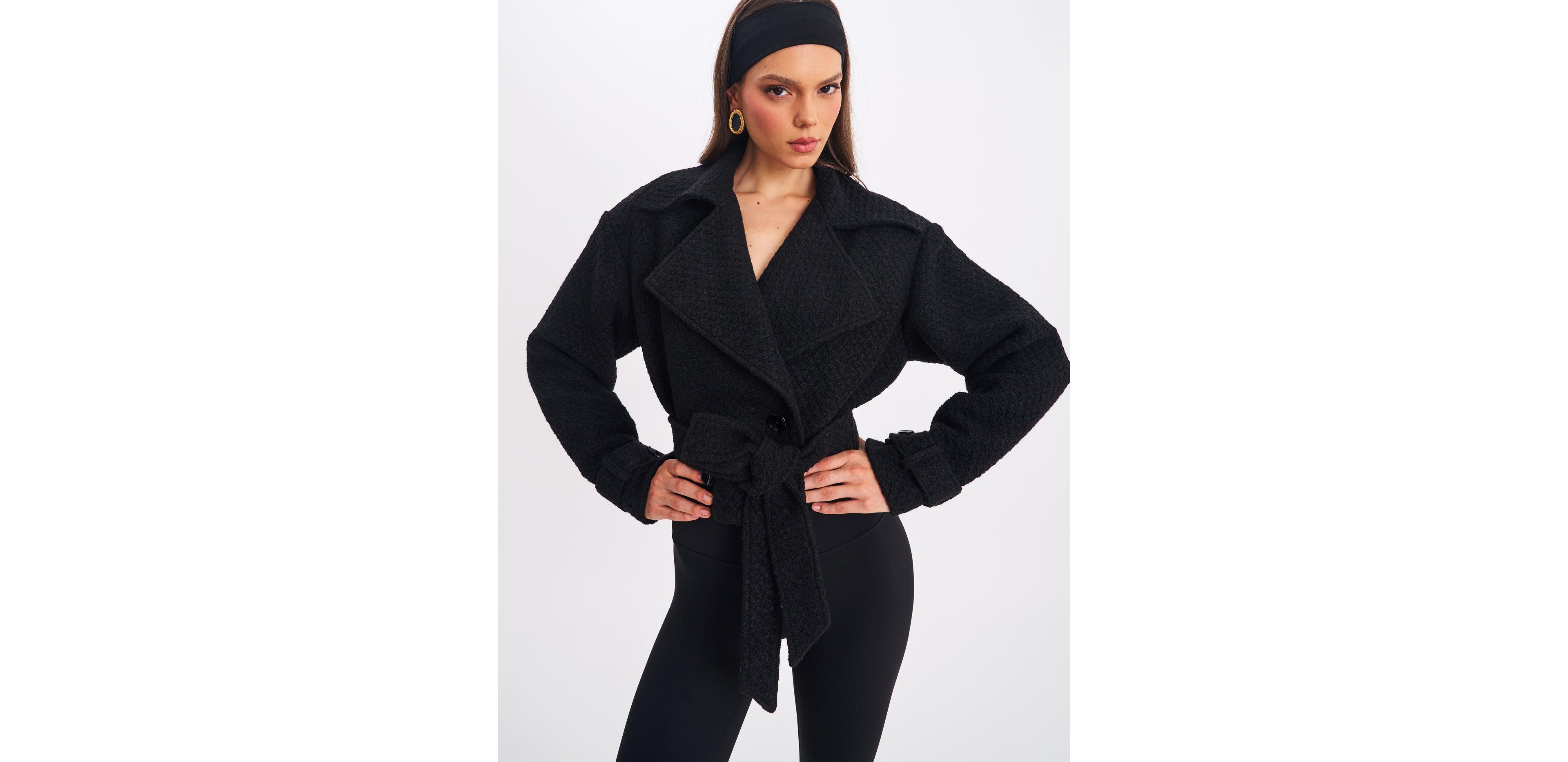 Miss Circle Women's Dara Black Wool Blend Cropped Double-Breasted Belted Coat