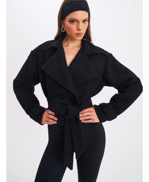 Женские куртки Miss Circle Dara Black Wool Blend Cropped Double-Breasted Belted Coat