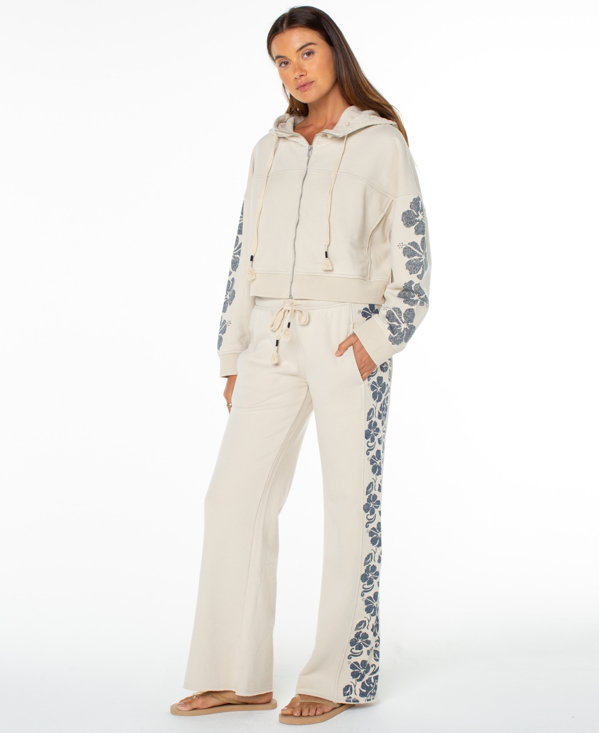 Roxy Juniors' Fringing Reefs Graphic Wide-leg Sweatpants In White