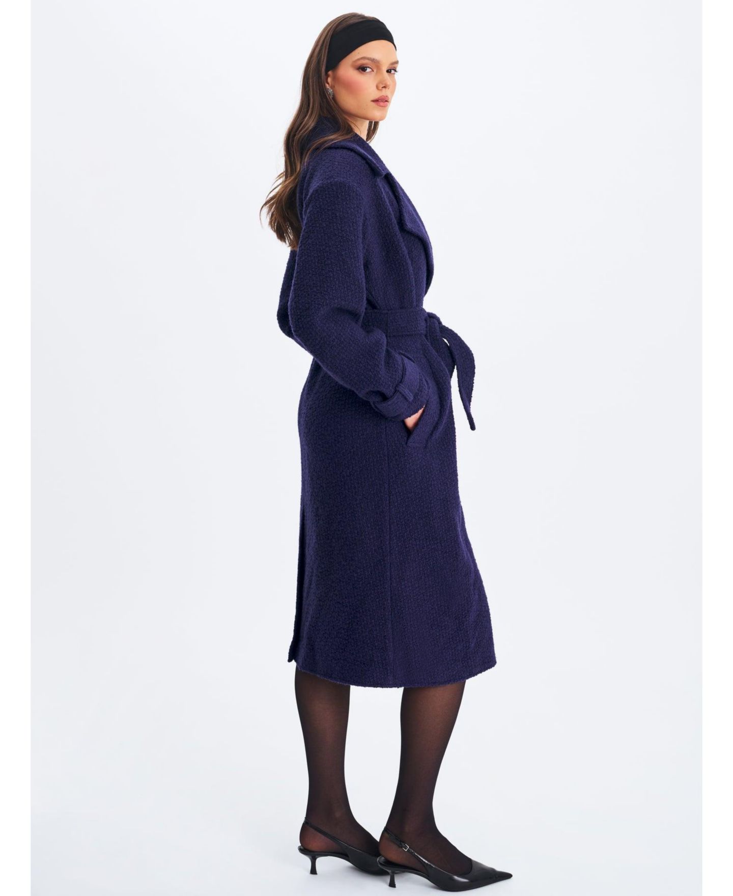 Женское пальто Miss Circle Jaelyn Midnight Blue Wool Blend Double-Breasted Belted, цвет: Тёмно-синий — фото 9