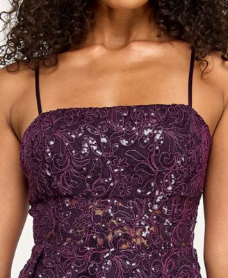 Junior's Sequined Lace Spaghetti Strap Square-Neck Dress