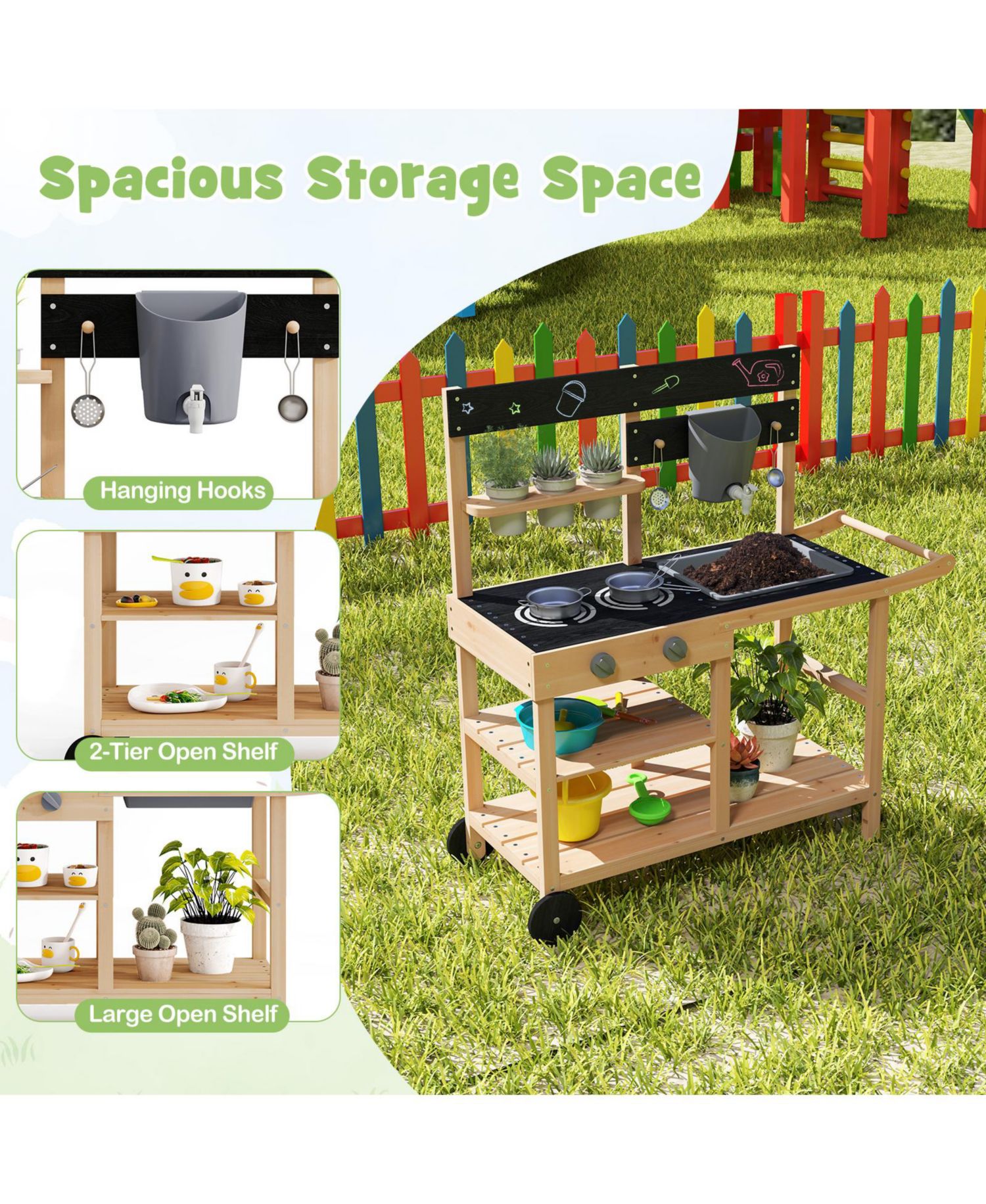 Mud Kitchen Fir Wood with Wheels Outdoor Play Kitchen with Planting Pots
