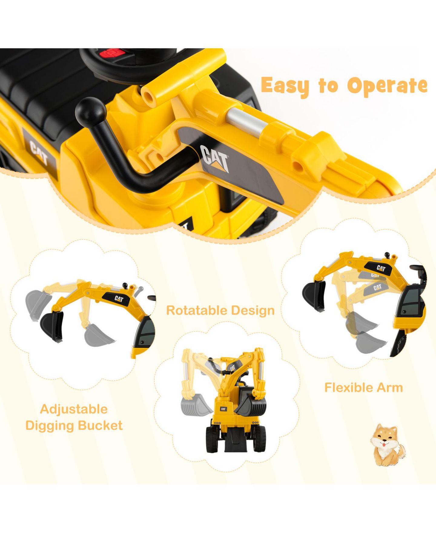 Детский экскаватор-каталка Costway Caterpillar с регулируемым ковшом, до 55 фунтов, цвет: Жёлтый — фото 7