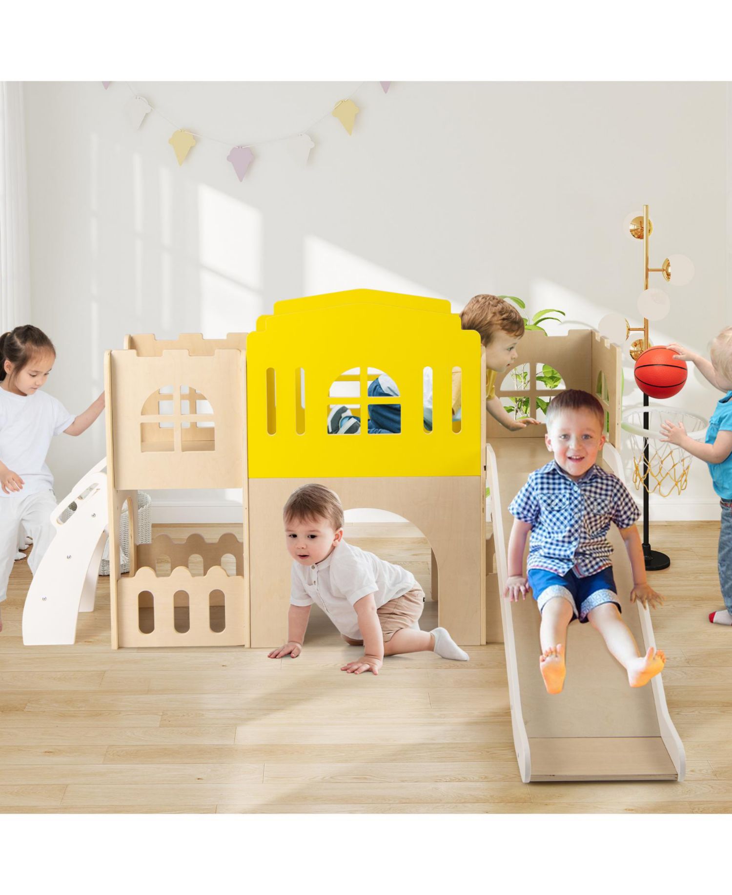 7-in-1 Toddler Slide Set Wooden Castle-Shaped Activity Center