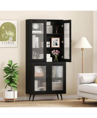 Kitchen Pantry Cabinet with Translucent Fluted Doors & Adjustable Shelf