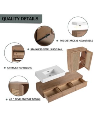 60" Wall-Mount Vanity, Resin Sink, 2 Cabinets, 3 Soft-Close Drawers