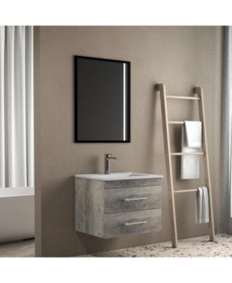 Grey Wood Vanity, Ceramic Sink, Mirror - Modern Bathroom