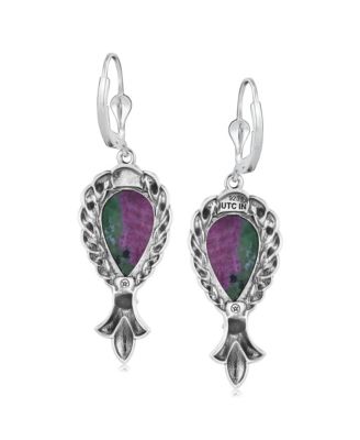 Sterling Silver Ruby Zoisite Pear-Cut Squash Blossom Lever Back Dangle Earrings