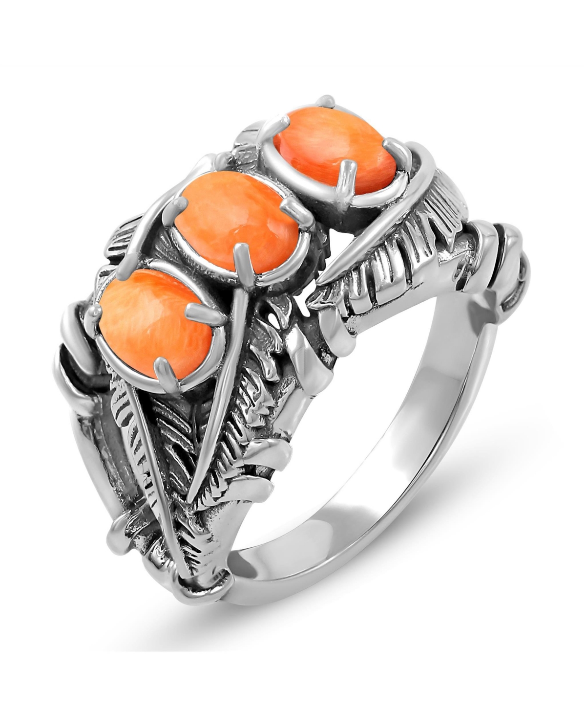 American West Jewelry Sterling Silver Orange Spiny Oyster Three Stone Feather Ring