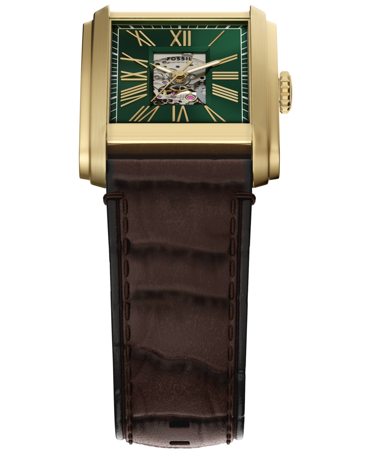 Fossil Carraway Automatic Brown Croc-embossed Leather Watch, 30mm X 42mm In Gold