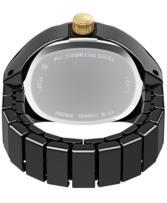 Women's Watch Ring Two-Hand Pav&eacute; Black Stainless Steel Watch, 15mm