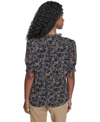 Women's Rope Print Ruffle Mock Neck Blouse