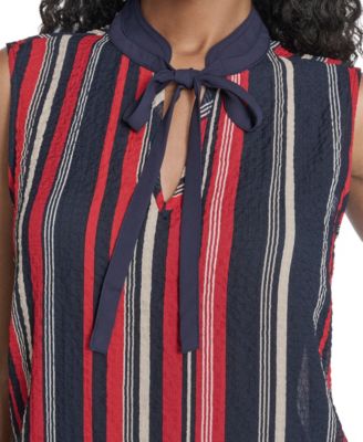Women's Sleeveless Striped Tie V-Neck Blouse