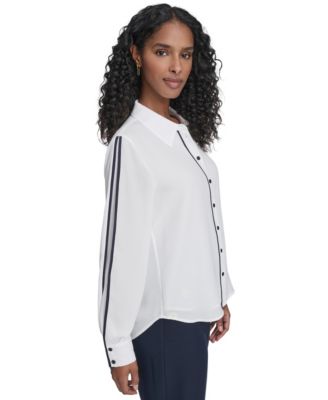 Women's Long Sleeve Contrast Trim Button-Up Blouse