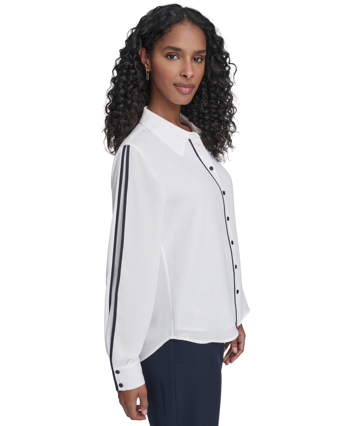 Tommy Hilfiger Women's Long Sleeve Contrast Trim Button-Up Blouse