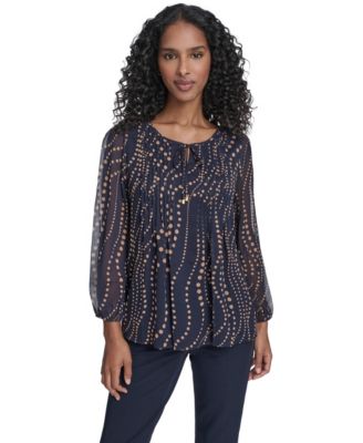 Women's Cascade Dot Pintuck Long Sleeve Blouse