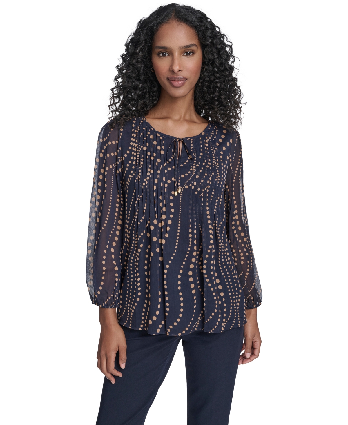 Tommy Hilfiger Women's Cascade Dot Pintuck Long Sleeve Blouse