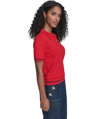 Women's Short Sleeve Pointelle Polo Sweater