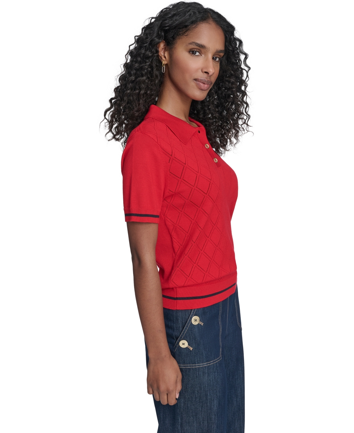 Tommy Hilfiger Women's Short Sleeve Pointelle Polo Sweater