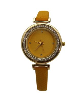 Yellow Faux Leather Solid Colors and Rhinestones Women Watch
