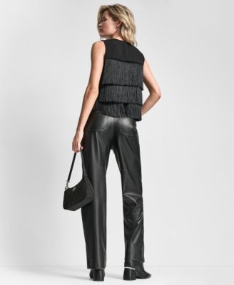 Dkny Womens Tiered Fringe Blouse Seamed Straight Pants In Black