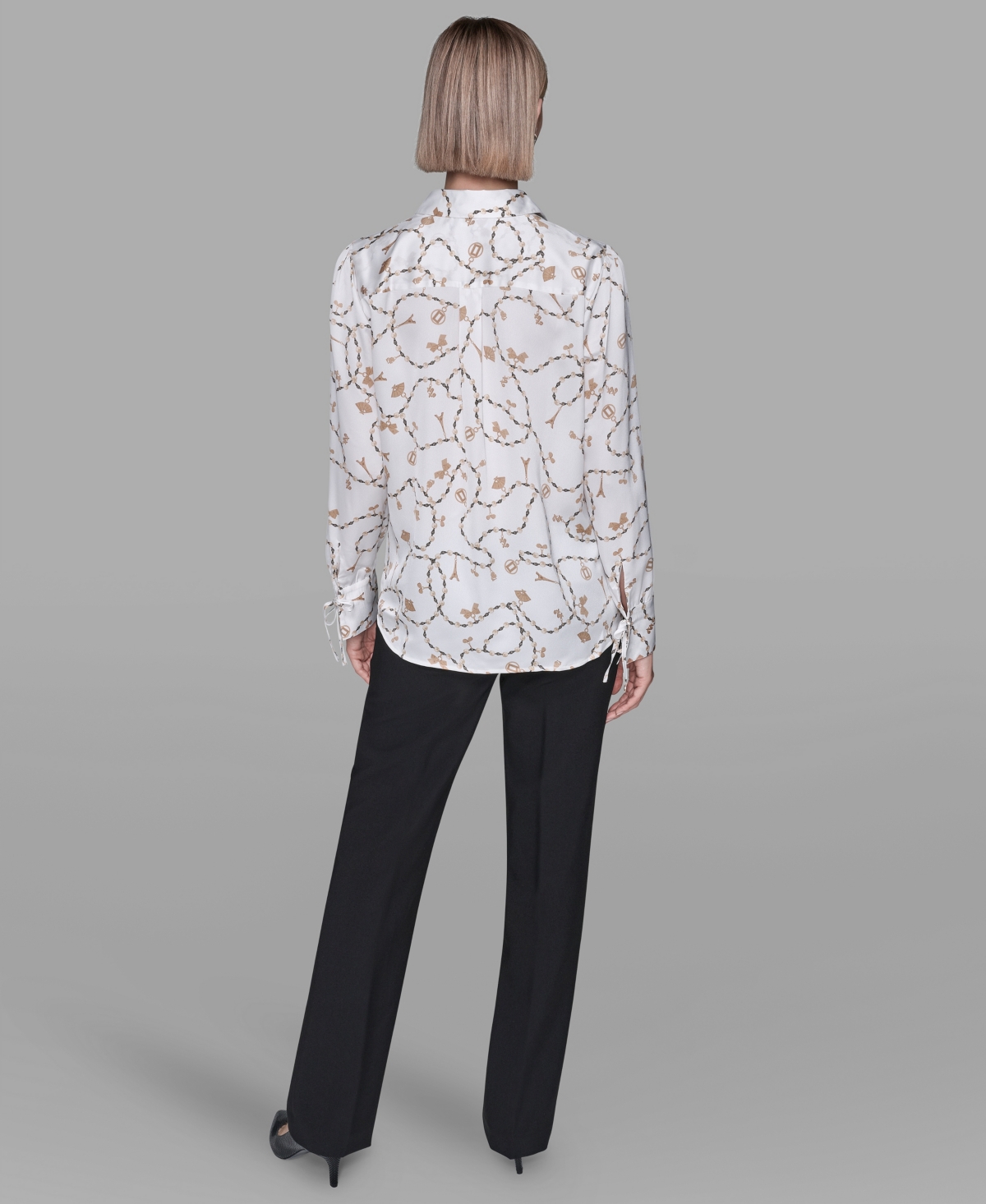 Karl Lagerfeld Women's Collared Printed Long-sleeve Top In White