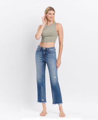 Women's High Rise Frayed Hem Crop Straight Jeans