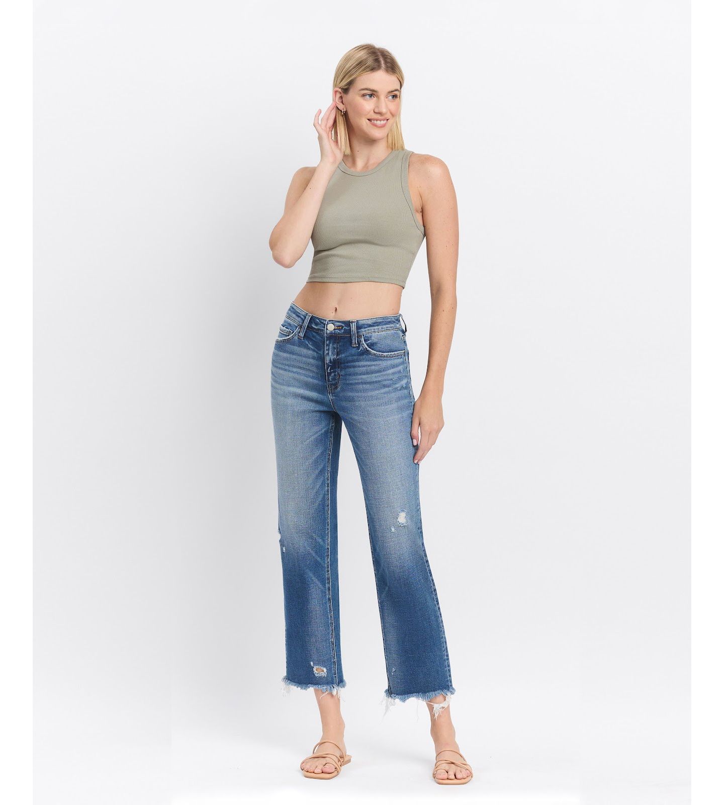 Женские джинсы Flying Monkey High Rise Frayed Hem Crop Straight, цвет: Синий — фото 2