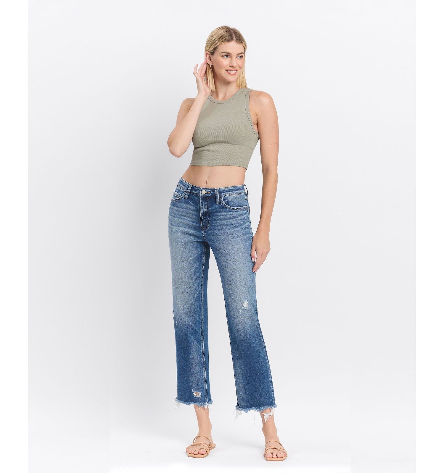 Women's High Rise Frayed Hem Crop Straight Jeans