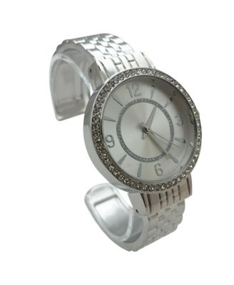 Silver Round Face Rhinestone Bezel Textured Bangle Women Watch