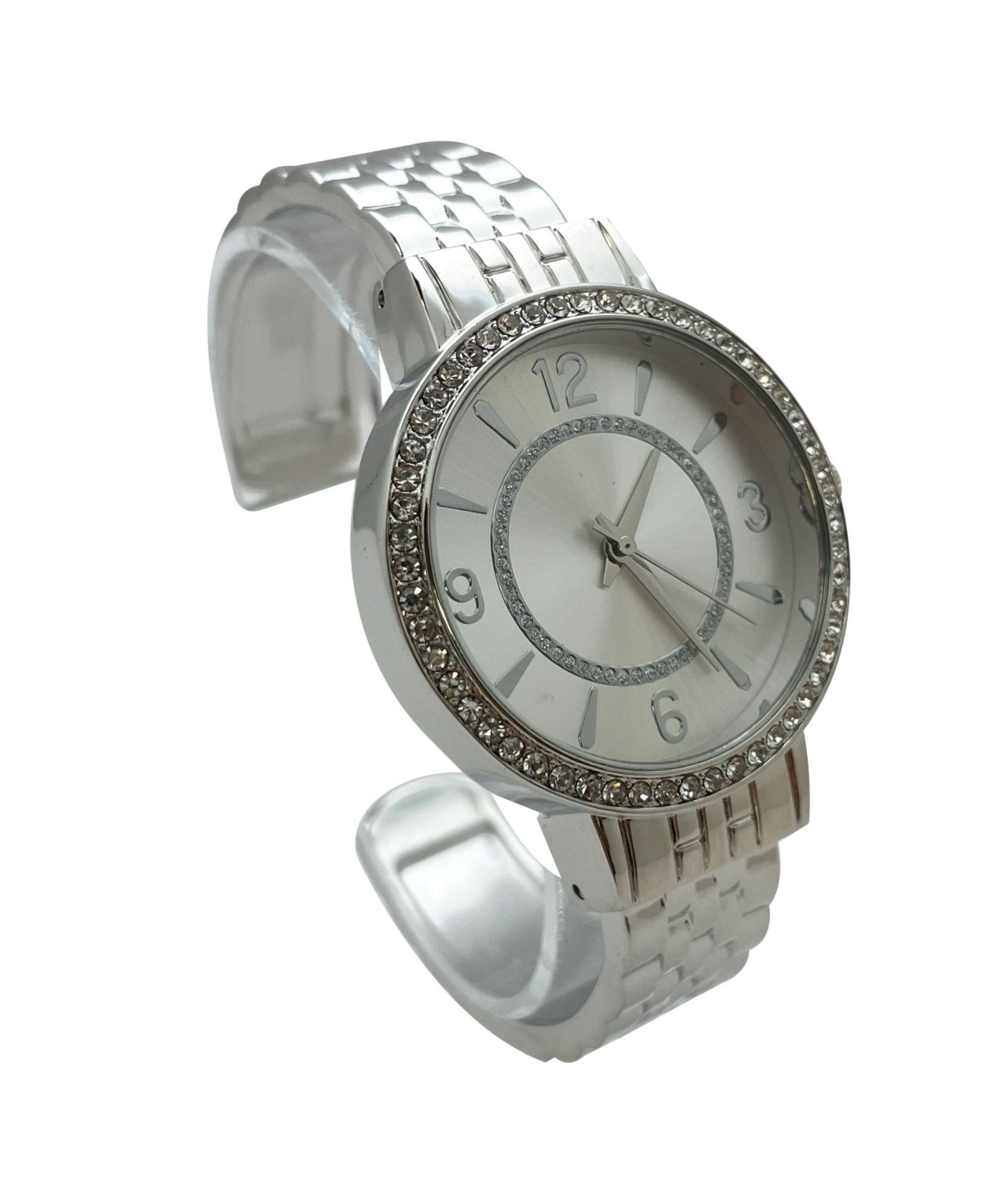 Olivia Pratt Silver Round Face Rhinestone Bezel Textured Bangle Women Watch