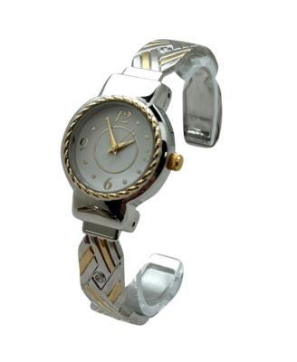 Detailed Bright Metallic Elegant Cuff Women Watch, Two Tone