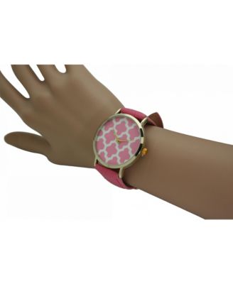 Pink Geometric Pattern Leather Strap Watch