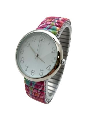 Mix Pink Big Dial Easy Reader Watch Printed Elastic Stretch Band Wristwatch Women Watch