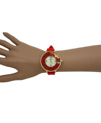 RED FLOATING COLORFUL STONES SILICONE STRAP WATCH