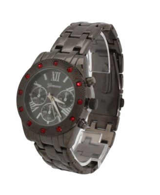 Gunmetal Women's Red Rhinestone Detail Boyfriend Metal Watch