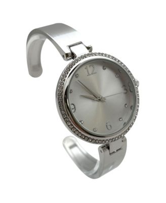 Silver Round Face Rhinestone Bezel Soft Bangle Women Watch