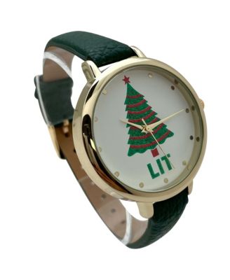 Green Faux Leather Christmas Themed Women Watches