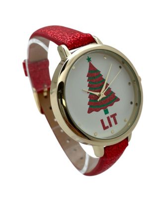 Shiny Red Faux Leather Christmas Themed Women Watches