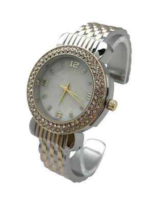 Two Tone Round Face Rhinestone Bezel Bangle Women Watch